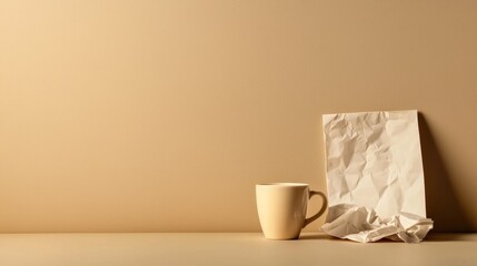 Minimalist setting with a cup and crumpled paper on a surface.