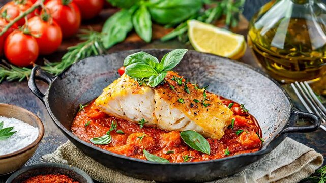 Pan fried cod fillet with tomato sauce, basil, and thyme, served in a rustic pan on a wooden table.