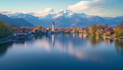 A picturesque lakeside town beneath snowy mountains with a church