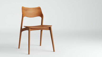 A minimalist wooden chair with a light brown finish sits on a pure white background showcasing its clean lines and simple yet elegant design perfect for modern interiors.