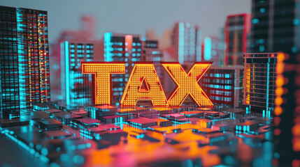 Colorful cityscape with illuminated TAX sign, showcasing modern urban environment filled with skyscrapers and vibrant lights, creating dynamic financial atmosphere