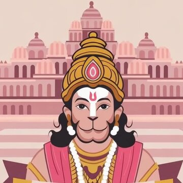 Happy Hanuman Jayanti Typography Greeting Design with Lord Hanuman in front of temple Background. 