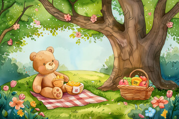 Naklejka premium A teddy bear having a picnic under a large tree with a checkered blanket and a basket of goodies.