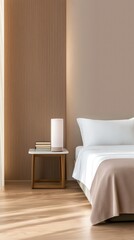 Bedroom interior with light, lamp, bedding, pillows, books. For real estate ads