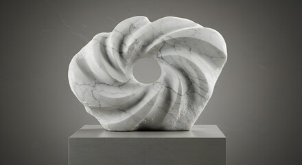 Abstract marble sculpture with hole on concrete pedestal creates artistic touch