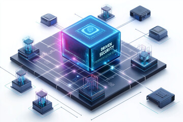 AI driven security surveillance detection. Cyber protection innovation. Threat data. AI-driven security algorithm analyzing network traffic image.