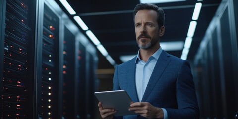 Engineer in a server room holding a tablet, checking data in the background