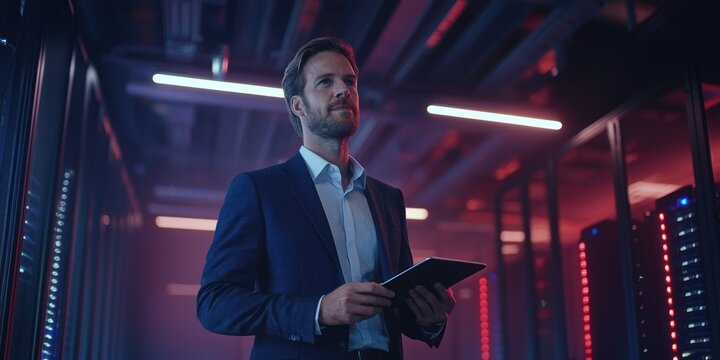 IT engineer holds tablet in server room, analyzing data, for use in industry