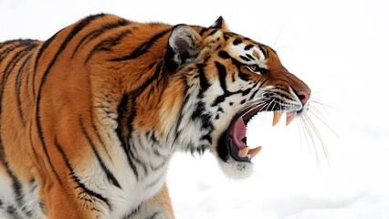 Naklejka premium Fierce Tiger Roaring in Snowy Wilderness - Dynamic Wildlife Pose