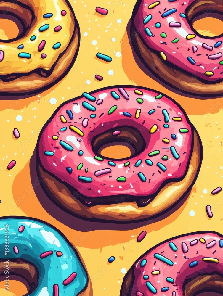 Aufkleber Playful display of colorful donuts with rainbow frosting and sprinkles in a vibrant pop-art style for a delightful treat experience