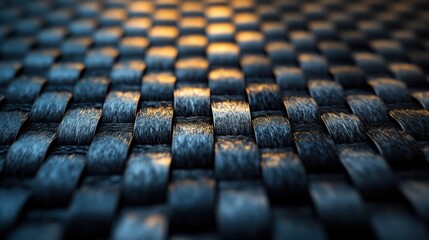 Fototapeta premium Close-up macro of tightly woven carbon fiber texture with glossy sheen and subtle grey black geometric patterns