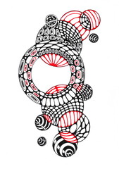 The image shows an abstract graphic composition consisting of many spheres connected to each other in a single organic structure. The main colors are black, white and red.
