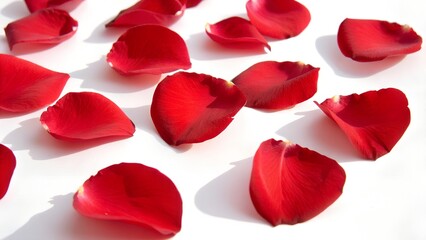 Fototapeta premium Scattered Red Rose Petals on a White Surface