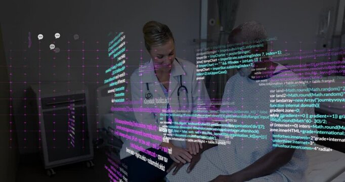 In hospital, healthcare professional reviewing patient data with medical animation overlay
