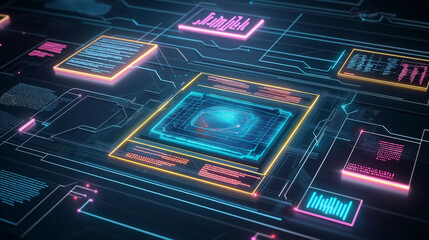 AI driven security surveillance detection. Cyber protection innovation. Threat data. AI-powered security system scanning through digital environments.