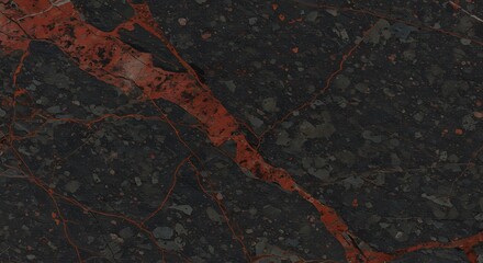 Veined Black Marble Texture Showing Red Inclusions and Fractures Pattern
