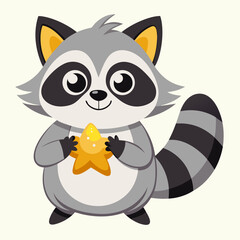 Obraz premium Cute raccoon holds star shape cookie. Funny cartoon animal