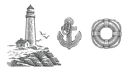 Lighthouse on the rocks, Anchor and Ring buoy. Hand drawn engraving style vector illustration.
