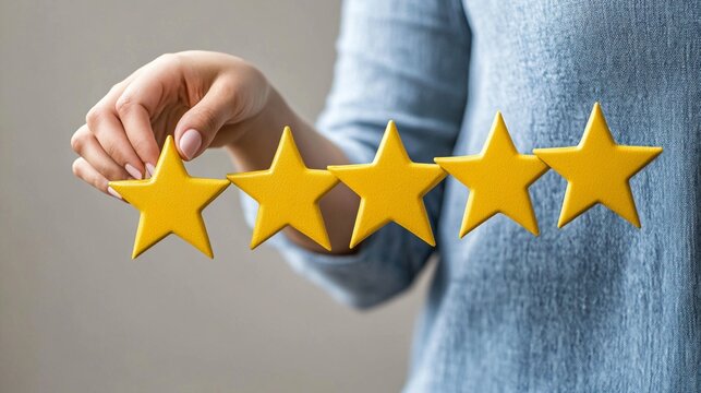 Elevating customer satisfaction: A hand carefully arranges five golden stars, symbolizing top-tier service, quality, and exceptional user experience in modern business