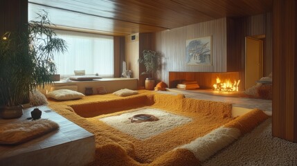 A 1970s sunken living room with shag carpets