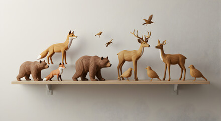 Fototapeta premium Wooden Forest Animal Figurines Collection on Shelf Decorative Minimalist Style