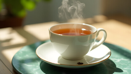 Fototapeta premium White teacup on emerald marble. Translucent porcelain reveals amber tea with steam curls and gold rim accents catching light.