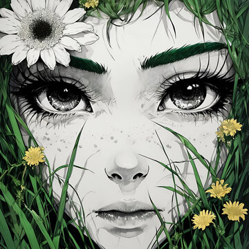 giovane ragazza spirito dei boschi della radura pelle verde occhi luminosi simbolo della natura driade, Young girl spirit of the clearing woods green skin bright eyes souls nature symbol