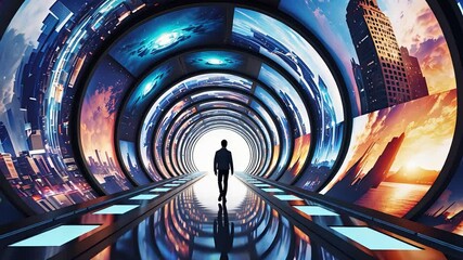 Man walking through futuristic tunnel lined with panoramic digital screens displaying cityscapes, nature scenes, and cosmic visuals

 - Powered by Adobe