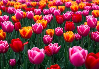 A vibrant tapestry of tulips blooming in a sun-drenched field, showcasing a breathtaking array of pink, red, and orange hues, creating a cheerful and lively scene.