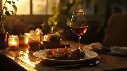 Obraz premium Elegant Presentation of Gourmet Meal and Wine on Table Setting for Fine Dining Experience
