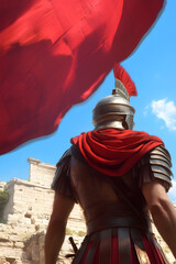 A Roman soldier standing guard at the gates of a Roman fortress, with the empire’s banner fluttering in the breeze.

