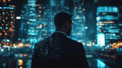 Visionary leader contemplating technological advancement within cityscape