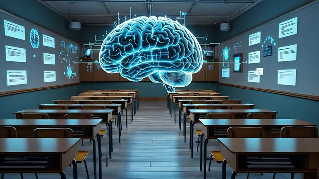 Empty classroom with glowing holographic brain and digital interface projections on walls showing futuristic education and AI learning concepts

