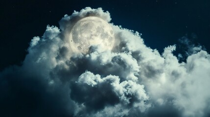 Naklejka premium Full moon hidden behind clouds at night, starry sky background. Ideal for dreamy, mystical, or nighttime themes