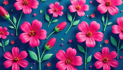 Bold fuchsia blooms, stylized repeating motif, artwork, art