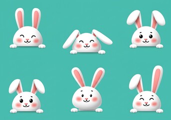Six adorable white bunnies peeking playfully from behind a teal wall, each with a unique expression, creating a cheerful and whimsical Easter scene.