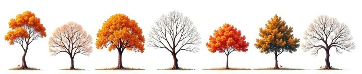 Branches of trees isolated on white background, with different shapes and sizes, minimalist, organic