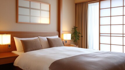 Relaxing bedroom scene in Japan with sliding doors and a plant in background