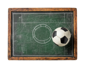 Soccer ball action on chalkboard field top view isolated on transparent background, png