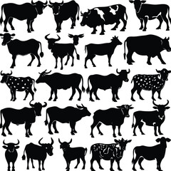 Black Cow silhouette vector icon set isolated on white background.
