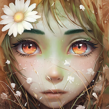 giovane ragazza spirito dei boschi della radura pelle verde occhi luminosi simbolo della natura driade, Young girl spirit of the clearing woods green skin bright eyes souls nature symbol
