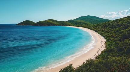 Obraz premium Island Getaway Turquoise Ocean Waves Lap a Pristine Sandy Beach with Lush Green Hills