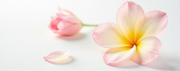 Delicate flower with petals of soft pink and yellow on a crisp white background, isolated, floral, flower
