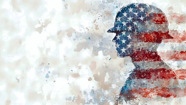 A silhouette of a soldier overlaid with the American flag, symbolizing honor and patriotism. The image is a watercolor style, creating a soft, emotive effect