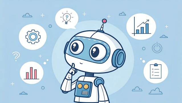 Cute robot thinking with digital icons, surrounded by floating business analytics symbols on a soft blue background.