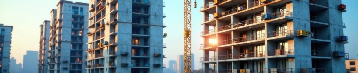 Obraz premium High-rise apartment building under construction, urban development, scaffolding