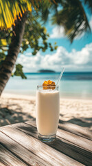 A beautiful glass of fruit creamy milkshake cocktail with a straw, wooden table overlooking a serene beach, offering a perfect blend of refreshment scenic ocean view.copy space.verical