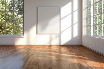 Empty frame mockup in bright room with windows showing foliage for design display