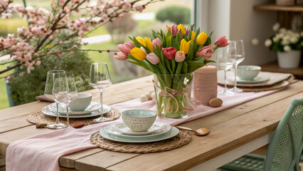 Spring Dining Table Setting with Tulips and Pastel Dishes