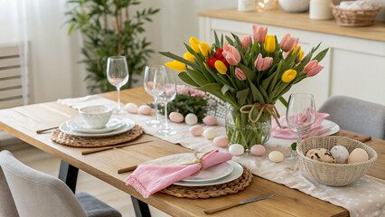 Spring Dining Table Setting with Tulips and Pastel Dishes